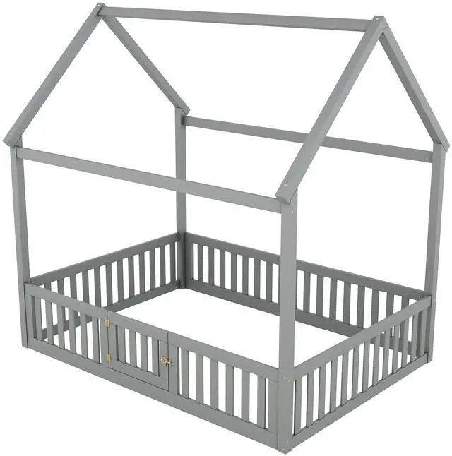 Main image of Full Size Wood House Bed With Fence And Door, Gray