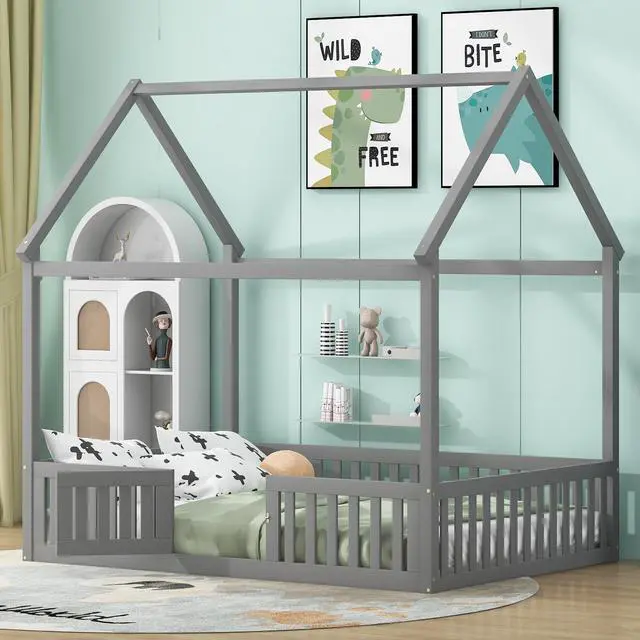 Alt view image 2 of 7 - Full Size Wood House Bed With Fence And Door, Gray