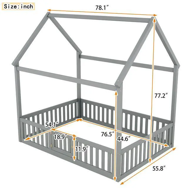 Alt view image 3 of 7 - Full Size Wood House Bed With Fence And Door, Gray