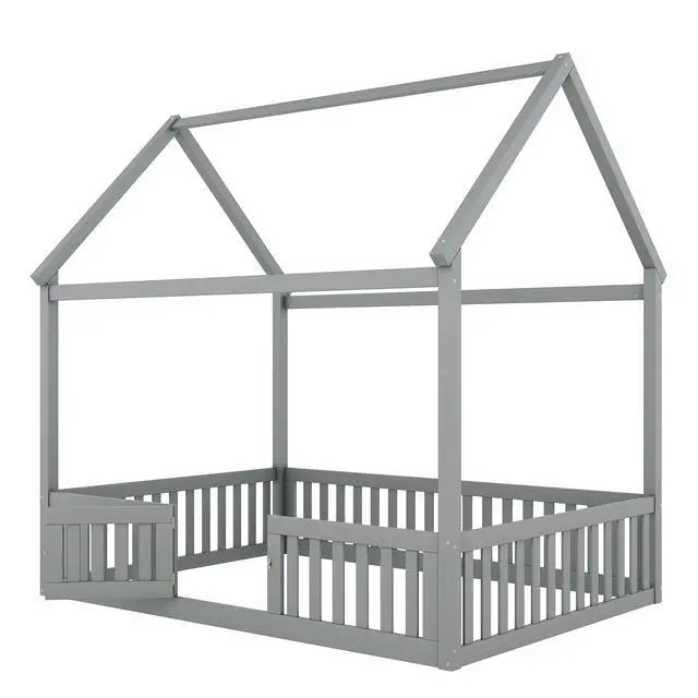 Alt view image 6 of 7 - Full Size Wood House Bed With Fence And Door, Gray