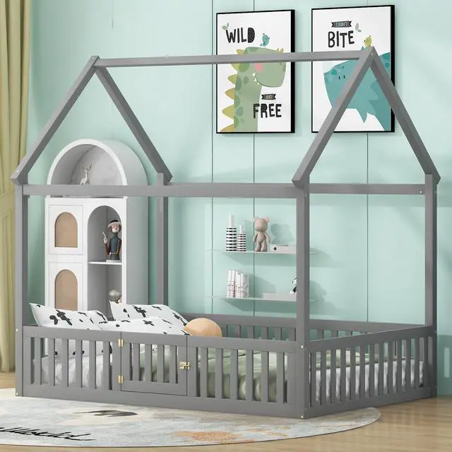 Alt view image 4 of 7 - Full Size Wood House Bed With Fence And Door, Gray