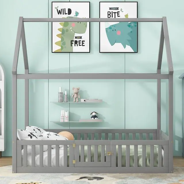 Alt view image 5 of 7 - Full Size Wood House Bed With Fence And Door, Gray