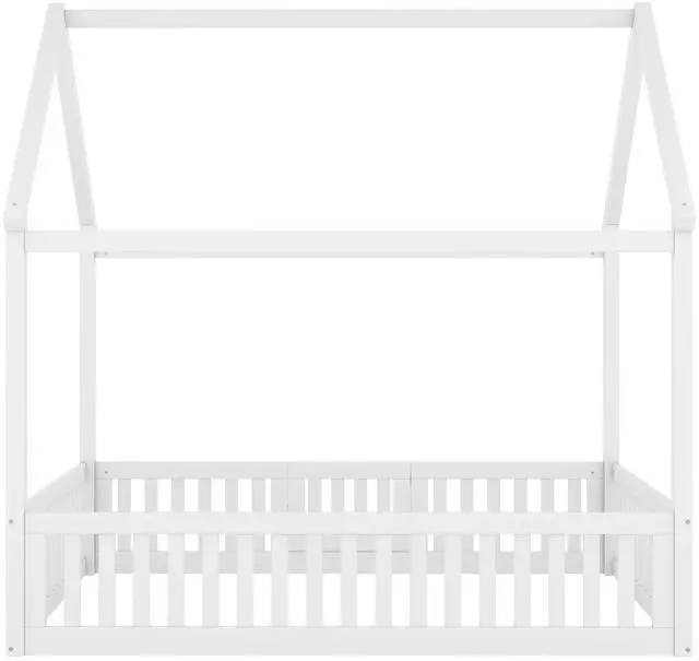 Main image of Full Size Wood House Bed With Fence And Door, White(Old Sku: Wf303134Aak)