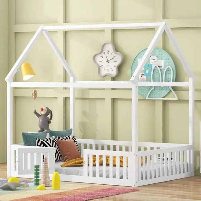 Alt view image 2 of 7 - Full Size Wood House Bed With Fence And Door, White(Old Sku: Wf303134Aak)