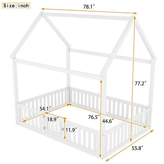 Alt view image 3 of 7 - Full Size Wood House Bed With Fence And Door, White(Old Sku: Wf303134Aak)