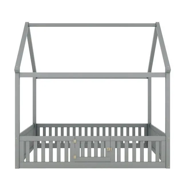 Alt view image 7 of 7 - Full Size Wood House Bed With Fence And Door, Gray