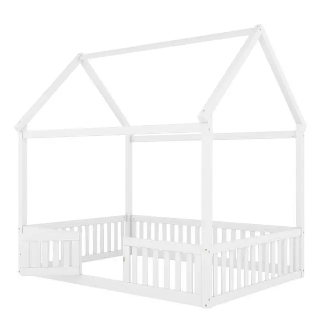 Alt view image 6 of 7 - Full Size Wood House Bed With Fence And Door, White(Old Sku: Wf303134Aak)