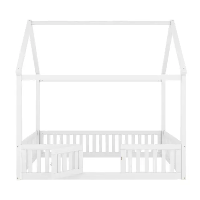 Alt view image 7 of 7 - Full Size Wood House Bed With Fence And Door, White(Old Sku: Wf303134Aak)