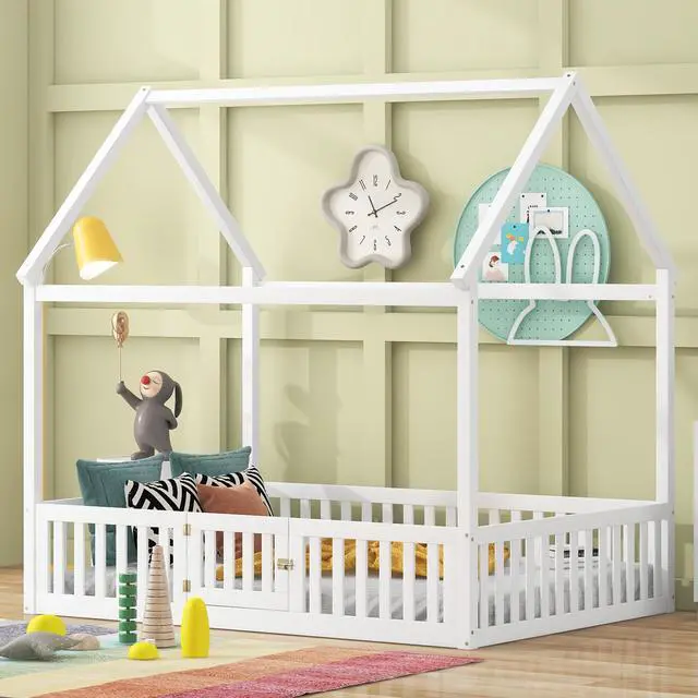 Alt view image 5 of 7 - Full Size Wood House Bed With Fence And Door, White(Old Sku: Wf303134Aak)