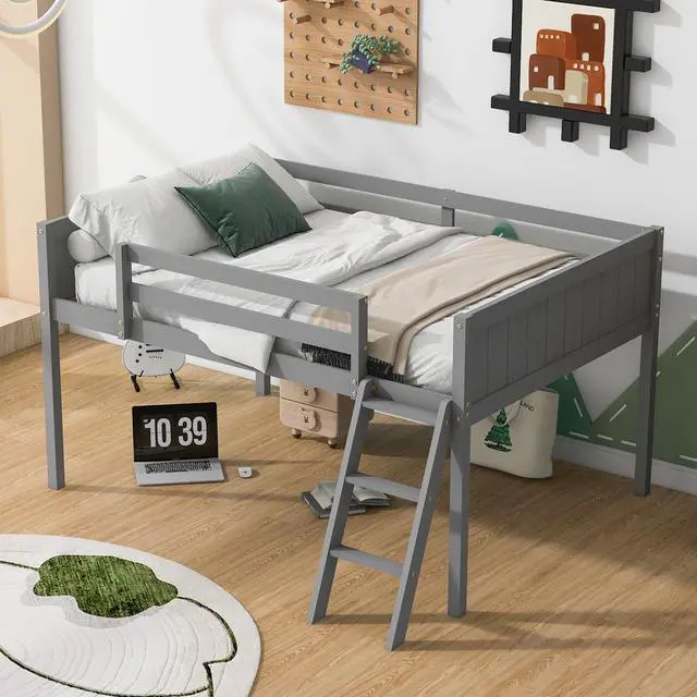 Alt view image 2 of 7 - Full Size Wood Low Loft Bed With Ladder, Ladder Can Be Placed On The Left Or Right, Gray (Old Sku:Gx000366Aae)