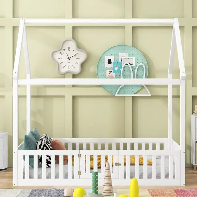 Alt view image 4 of 7 - Full Size Wood House Bed With Fence And Door, White(Old Sku: Wf303134Aak)