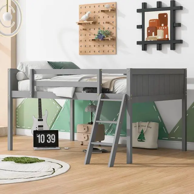 Alt view image 4 of 7 - Full Size Wood Low Loft Bed With Ladder, Ladder Can Be Placed On The Left Or Right, Gray (Old Sku:Gx000366Aae)