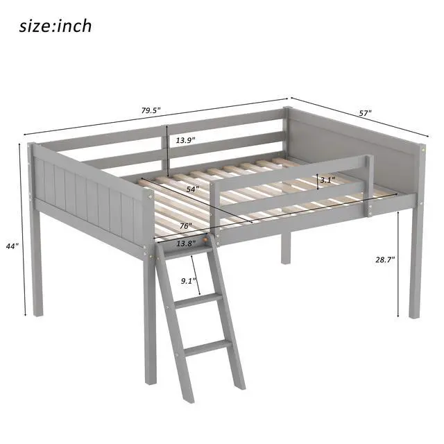 Alt view image 3 of 7 - Full Size Wood Low Loft Bed With Ladder, Ladder Can Be Placed On The Left Or Right, Gray (Old Sku:Gx000366Aae)