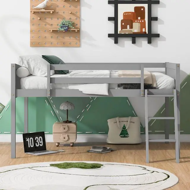 Alt view image 5 of 7 - Full Size Wood Low Loft Bed With Ladder, Ladder Can Be Placed On The Left Or Right, Gray (Old Sku:Gx000366Aae)