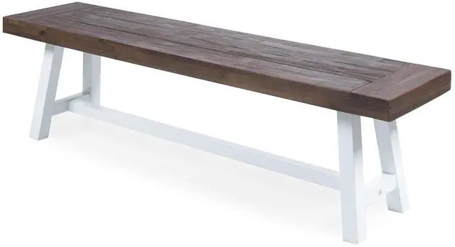 Main image of Dark Brown Sandblast Finish Acacia Wood Dining Bench with White Rustic Metal Finish Frame