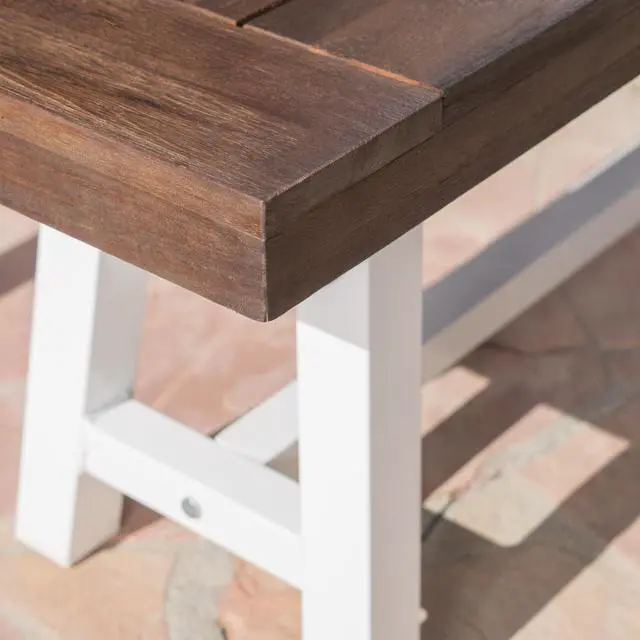 Alt view image 5 of 7 - Dark Brown Sandblast Finish Acacia Wood Dining Bench with White Rustic Metal Finish Frame