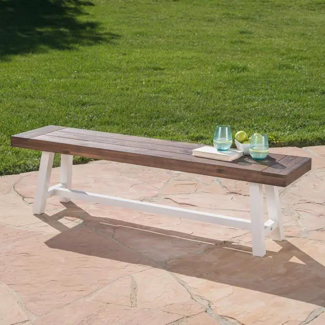 Alt view image 2 of 7 - Dark Brown Sandblast Finish Acacia Wood Dining Bench with White Rustic Metal Finish Frame