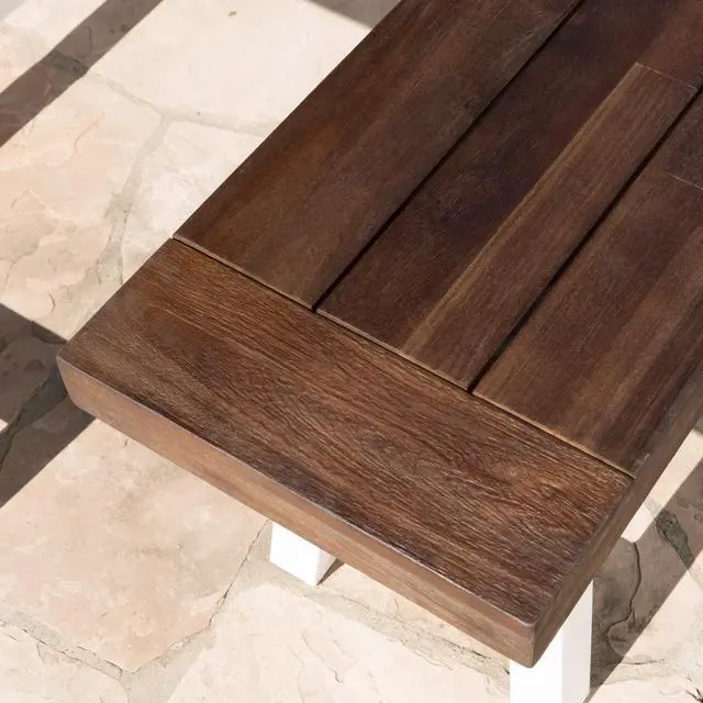 Alt view image 7 of 7 - Dark Brown Sandblast Finish Acacia Wood Dining Bench with White Rustic Metal Finish Frame
