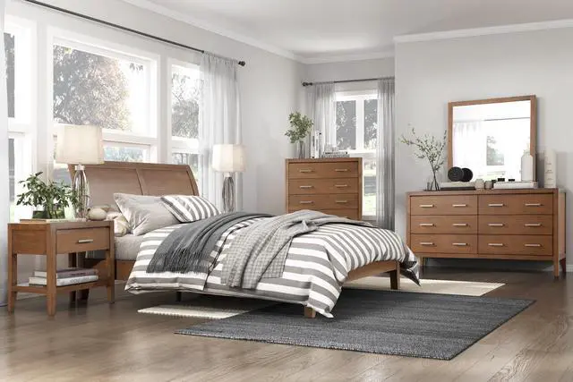 Alt view image 7 of 7 - Transitional Bedroom Furniture 1Pc Queen Platform Bed Light Brown Finish Sleigh Headboard