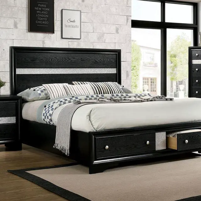 Alt view image 2 of 7 - 1Pc Contemporary Queen Size Bed Black Solidwood 1Pc Bed Bedroom Furniture Storage Fb