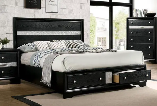 Alt view image 4 of 7 - 1Pc Contemporary Queen Size Bed Black Solidwood 1Pc Bed Bedroom Furniture Storage Fb