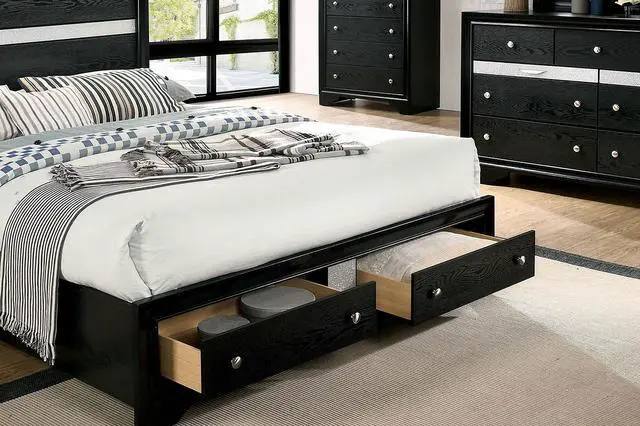 Alt view image 5 of 7 - 1Pc Contemporary Queen Size Bed Black Solidwood 1Pc Bed Bedroom Furniture Storage Fb