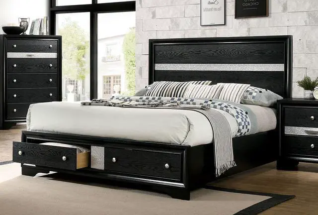 Main image of 1Pc Contemporary Queen Size Bed Black Solidwood 1Pc Bed Bedroom Furniture Storage Fb