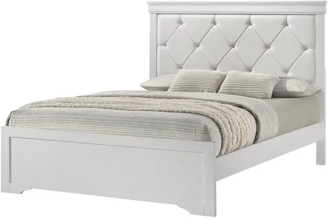 Main image of Modern 1Pc White Finish King Size Panel Bed Upholstered Headboard Crystal-Like Button Tufted Texture Wood Bedroom Furniture