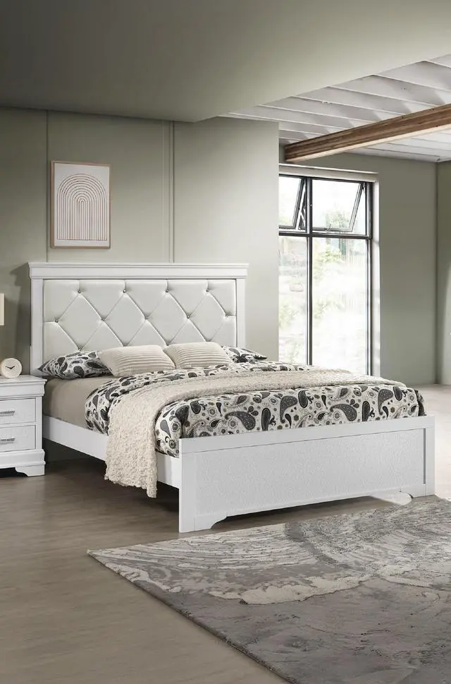 Alt view image 2 of 5 - Modern 1Pc White Finish King Size Panel Bed Upholstered Headboard Crystal-Like Button Tufted Texture Wood Bedroom Furniture