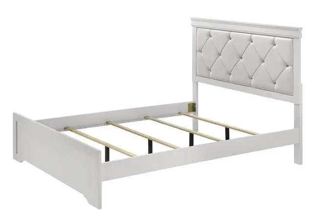 Alt view image 4 of 5 - Modern 1Pc White Finish King Size Panel Bed Upholstered Headboard Crystal-Like Button Tufted Texture Wood Bedroom Furniture