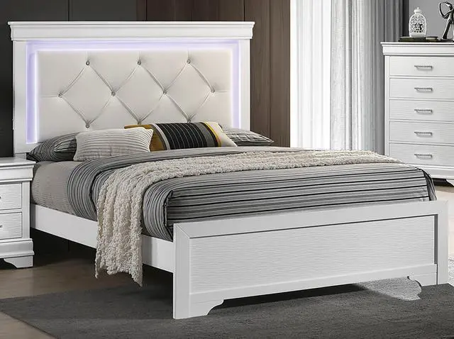 Alt view image 2 of 7 - White Faux Leather Tufted Headboard 1pc Queen Size Bed w LED Bedroom Furniture White Unique Texture FB Solid wood