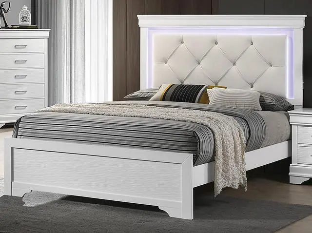 Main image of White Faux Leather Tufted Headboard 1pc Queen Size Bed w LED Bedroom Furniture White Unique Texture FB Solid wood