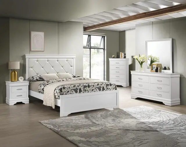 Alt view image 5 of 5 - Modern 1Pc White Finish King Size Panel Bed Upholstered Headboard Crystal-Like Button Tufted Texture Wood Bedroom Furniture