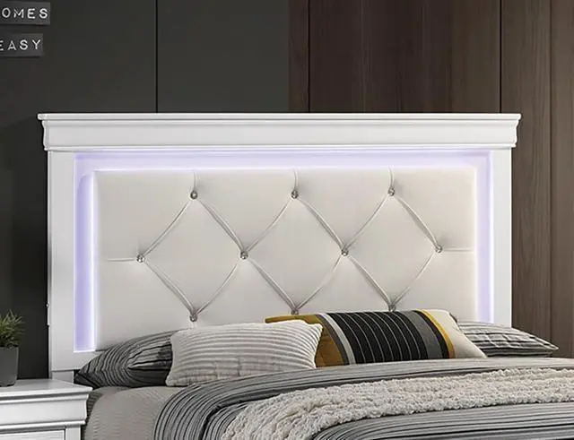 Alt view image 3 of 7 - White Faux Leather Tufted Headboard 1pc Queen Size Bed w LED Bedroom Furniture White Unique Texture FB Solid wood