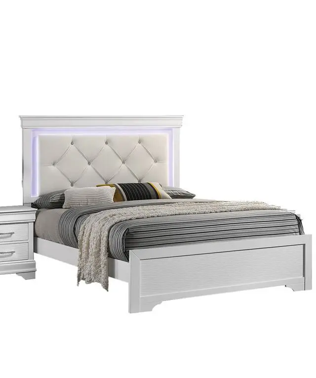 Alt view image 5 of 7 - White Faux Leather Tufted Headboard 1pc Queen Size Bed w LED Bedroom Furniture White Unique Texture FB Solid wood