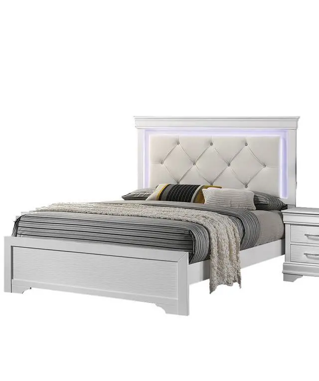 Alt view image 6 of 7 - White Faux Leather Tufted Headboard 1pc Queen Size Bed w LED Bedroom Furniture White Unique Texture FB Solid wood