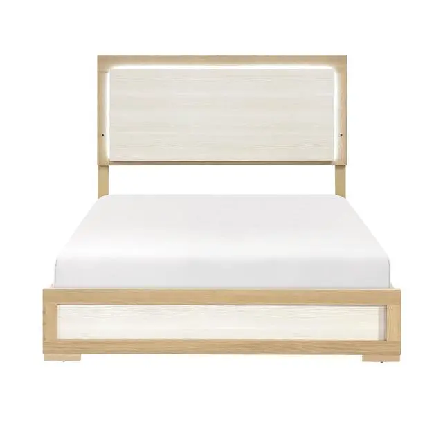 Alt view image 4 of 7 - Contemporary Natural and White Finish Queen Size Bed LED Panel Headboard Wooden Bedroom Furniture 1pc