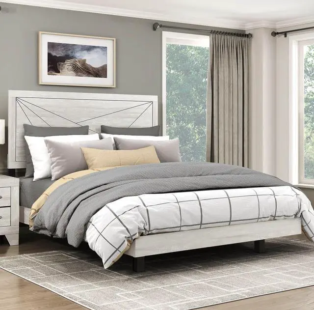 Main image of Contemporary Gray Oak Finish Queen Bed Durable Wooden Bedroom Furniture 1Pc Line Pattern Headboard