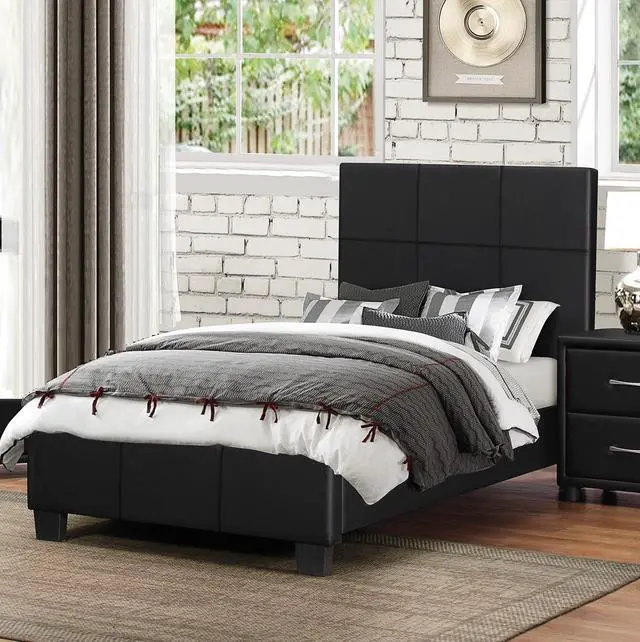 Alt view image 3 of 5 - Contemporary Twin Platform Bed 1Pc Durable Black Faux Leather Bedroom Furniture