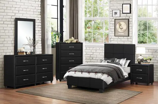 Alt view image 4 of 5 - Contemporary Twin Platform Bed 1Pc Durable Black Faux Leather Bedroom Furniture