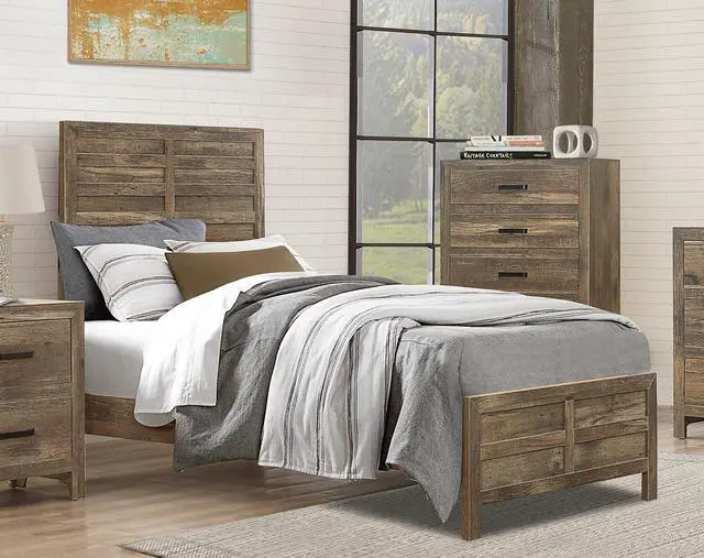 Alt view image 3 of 5 - Weathered Pine Finish 1pc Twin Bed Modern Line Pattern Rustic Style Wooden Bedroom Furniture