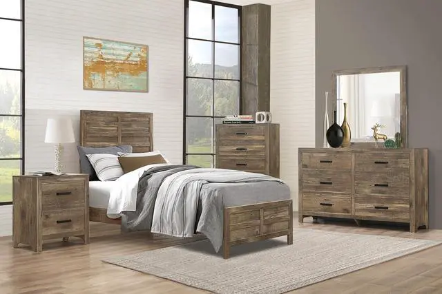 Alt view image 4 of 5 - Weathered Pine Finish 1pc Twin Bed Modern Line Pattern Rustic Style Wooden Bedroom Furniture