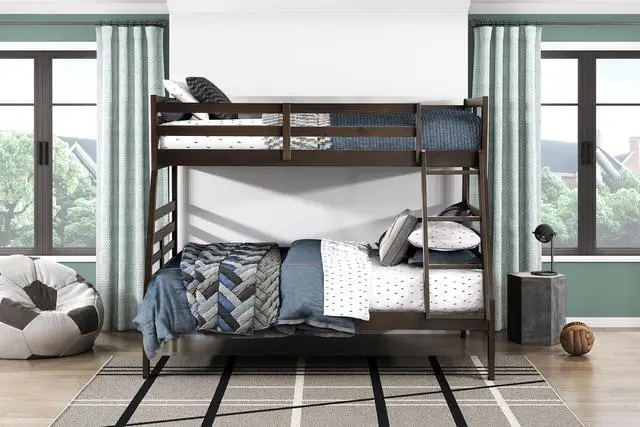 Alt view image 6 of 7 - Twin Over Full Bunk Bed 1Pc Classic Dark Brown Finish Youth Bedroom Furniture Durable Wood