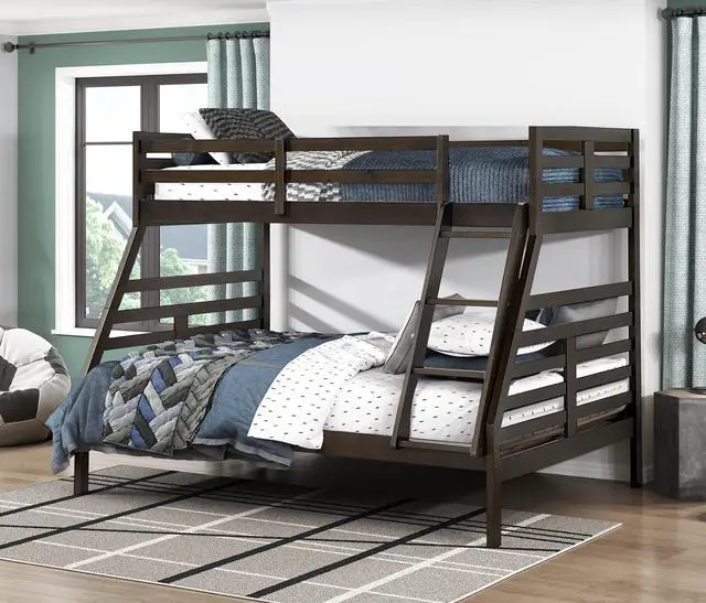 Main image of Twin Over Full Bunk Bed 1Pc Classic Dark Brown Finish Youth Bedroom Furniture Durable Wood
