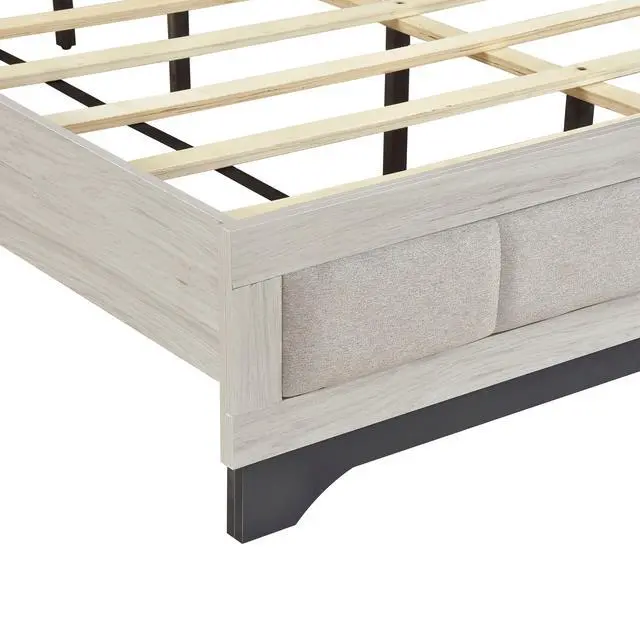 Alt view image 7 of 7 - Contemporary Two-Tone White Oak And Gray Finish Platform Queen Bed Upholstered Headboard Footboard Bedroom Furniture 1Pc