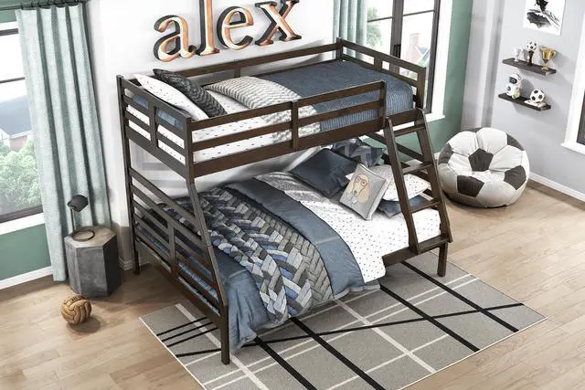 Alt view image 7 of 7 - Twin Over Full Bunk Bed 1Pc Classic Dark Brown Finish Youth Bedroom Furniture Durable Wood
