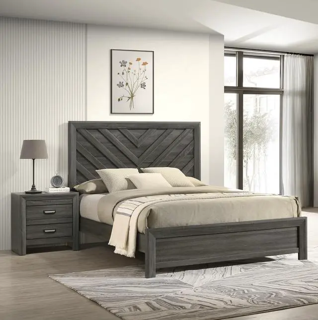 Alt view image 5 of 6 - 1Pc Queen Size Bed Rustic Gray Finish Wooden Bedroom Furniture Geometric Design Chevron Pattern