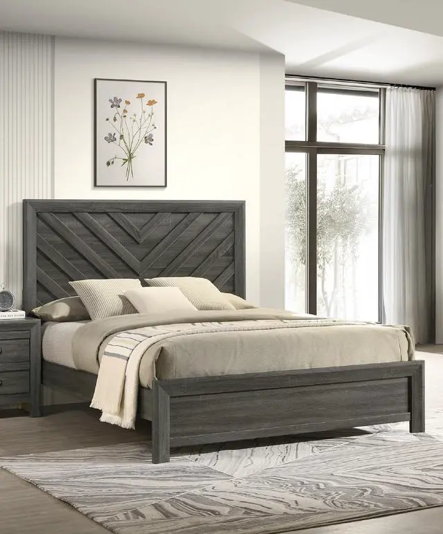 Alt view image 4 of 6 - 1Pc Queen Size Bed Rustic Gray Finish Wooden Bedroom Furniture Geometric Design Chevron Pattern