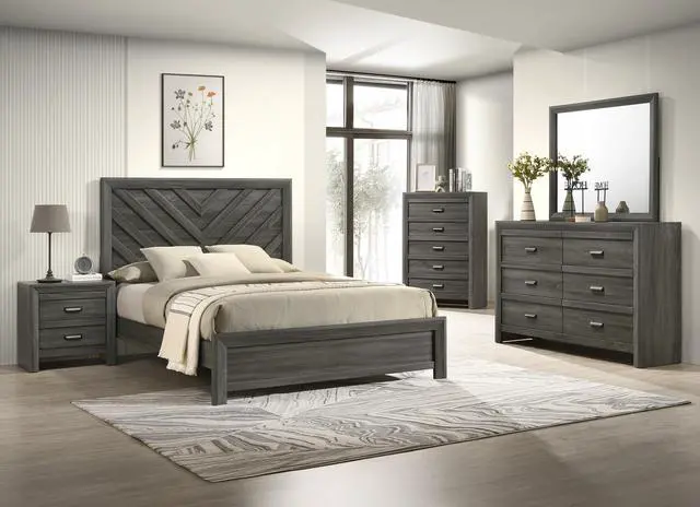 Alt view image 6 of 6 - 1Pc Queen Size Bed Rustic Gray Finish Wooden Bedroom Furniture Geometric Design Chevron Pattern