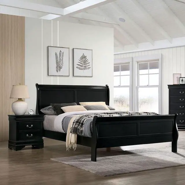 Alt view image 4 of 7 - Queen Size Bed Black Louis Phillipe Solidwood 1Pc Bed Bedroom Sleigh Bed Contemporary Style